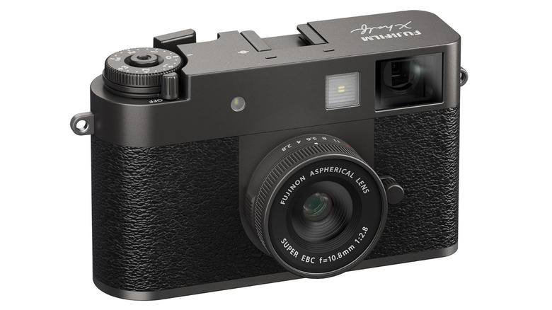 A silver and black Fujifilm camera body featuring classic manual control dials.
