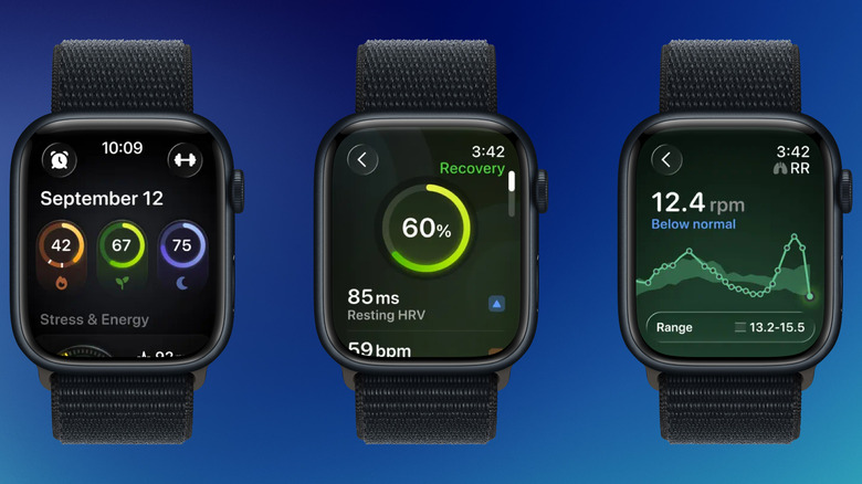 The Bevel app interface on Apple Watch displaying recovery scores and Heart Rate Variability (HRV) metrics.
