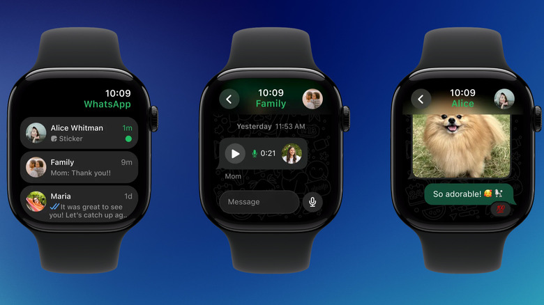 WhatsApp interface on Apple Watch showing chat lists and voice note recording options.