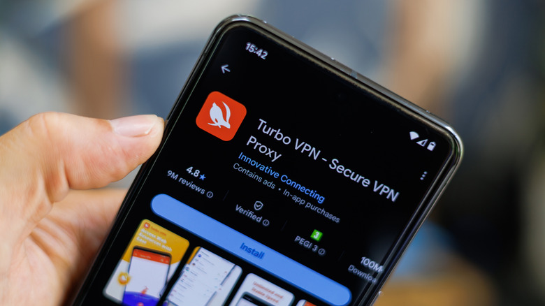 A Google Pixel phone displaying the Turbo VPN download page, categorized here as a service to avoid.