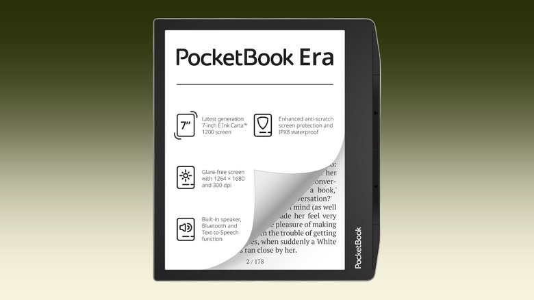 A sleek PocketBook e-reader shown from the front against a neutral background.
