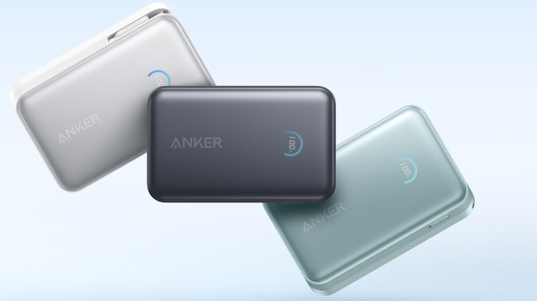 A variety of colorful Anker Nano power banks with built-in USB-C connectors.