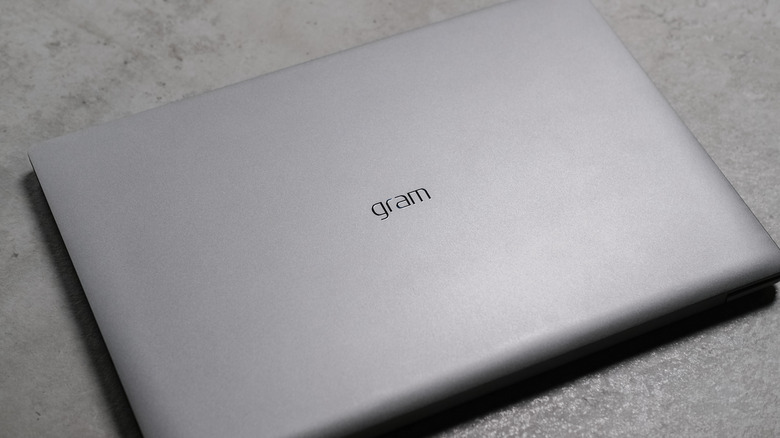 Front view of the lightweight LG Gram laptop known for its long battery life.