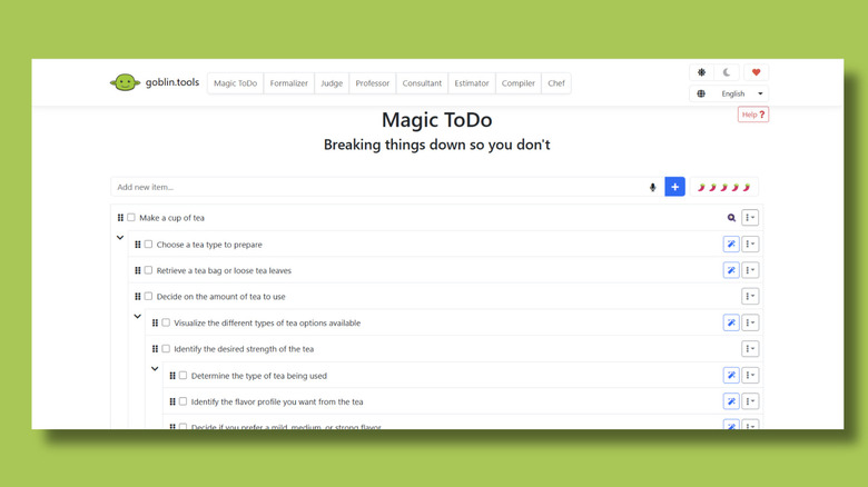 An interface showing a single task being expanded into several actionable sub-steps using AI.