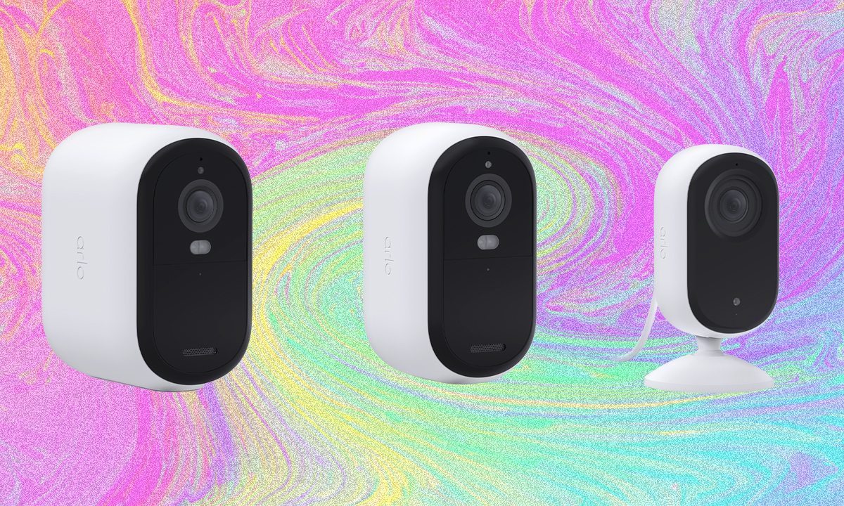 Front view of the Arlo Essential 2K camera with its lens and sensor prominently visible.