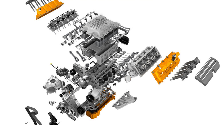 An exploded-style view of various components included in a 6.2-liter Hellcat V8 crate kit.