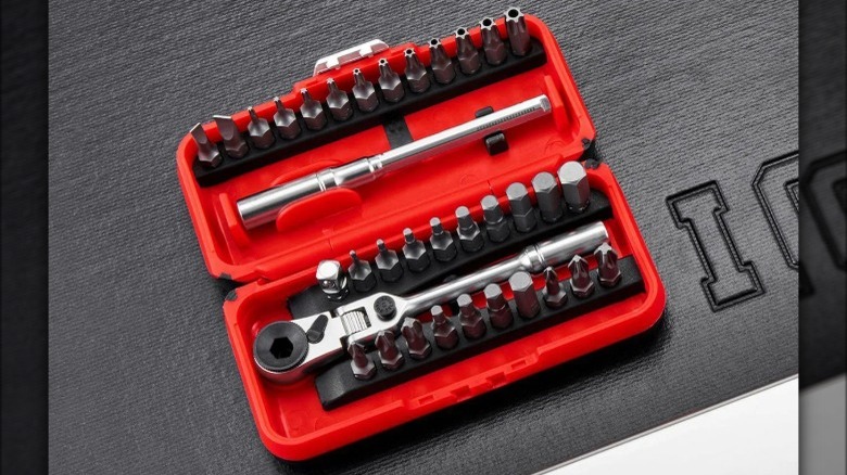The Icon 35-piece locking flex-head ratchet and bit set arranged neatly on a protective cloth pad.