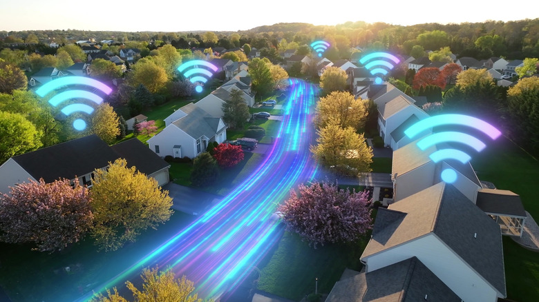 An illustration showing Wi-Fi signal waves covering a row of modern houses.