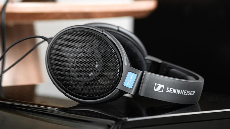 Sennheiser HD 600 open-back headphones resting on a reflective flat surface.