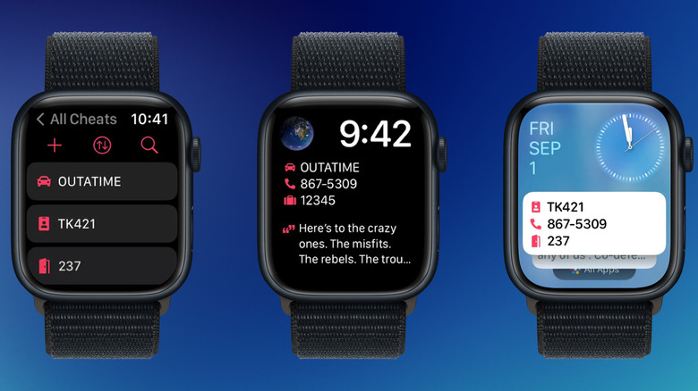 Cheatsheet app for Apple Watch showing a list of small notes and its corresponding watch face complications.