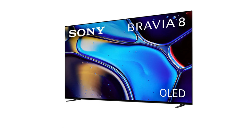 Front view of a Sony OLED Smart Television displaying high-definition imagery and brand logos.
