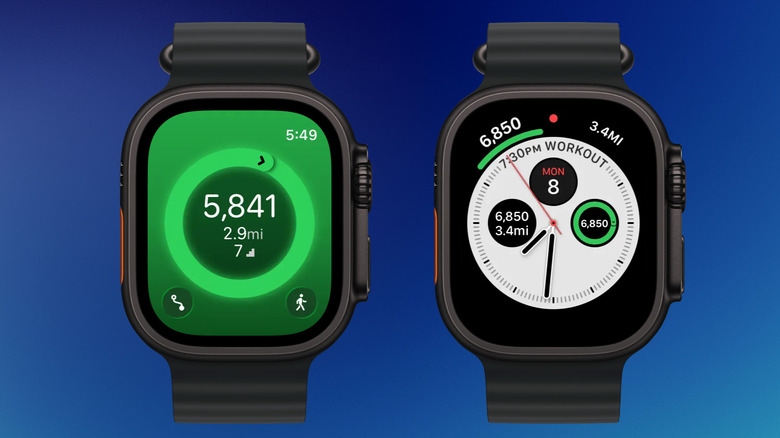 Pedometer++ step count displayed as a large, clear complication on a busy Apple Watch face.