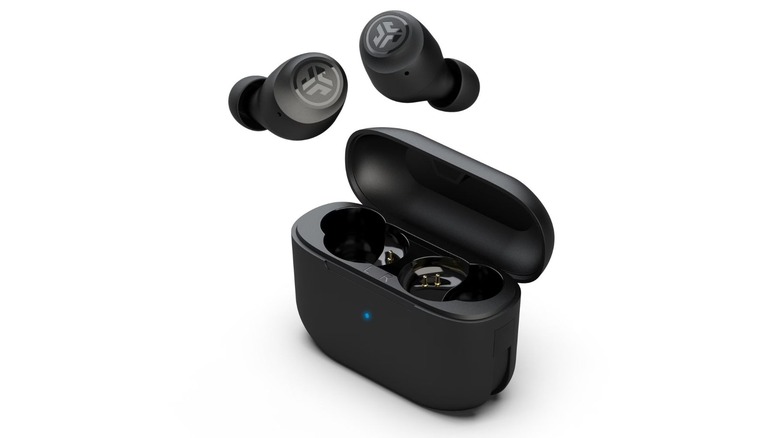 JLab Go Air Pop wireless earbuds in their charging case.