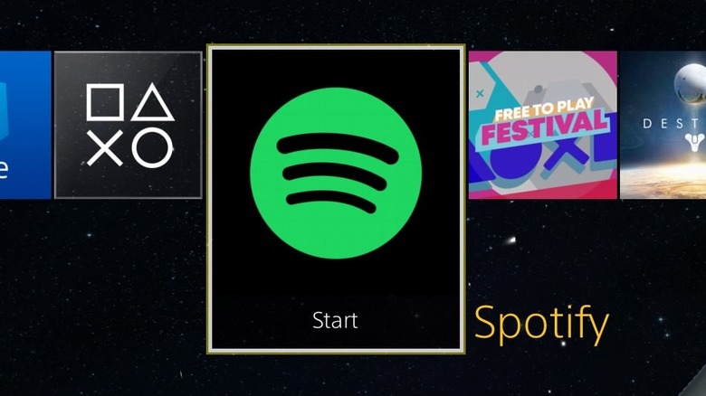 A close-up of the Spotify application icon selected on the PlayStation 4 dashboard.