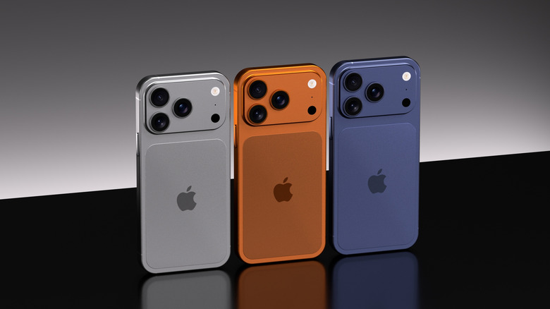 An iPhone 17 Pro Max in multiple color variations including orange and blue.