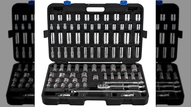A Quinn 83-piece master socket set featuring both SAE and metric measurements in a durable storage case.