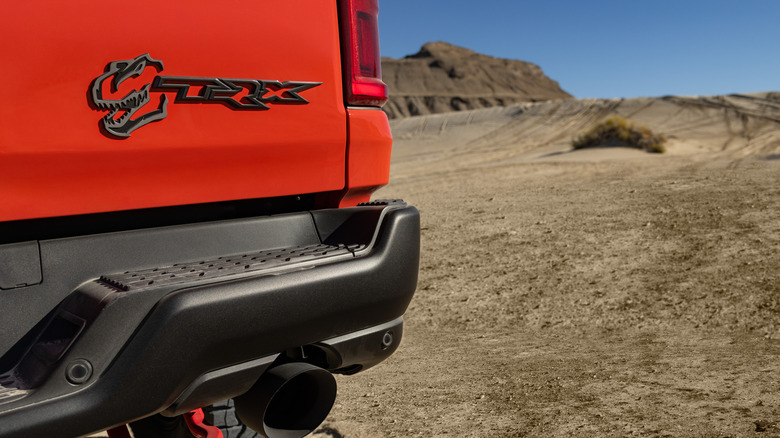 Detailed close-up of the 2027 Ram 1500 SRT TRX exterior badging.