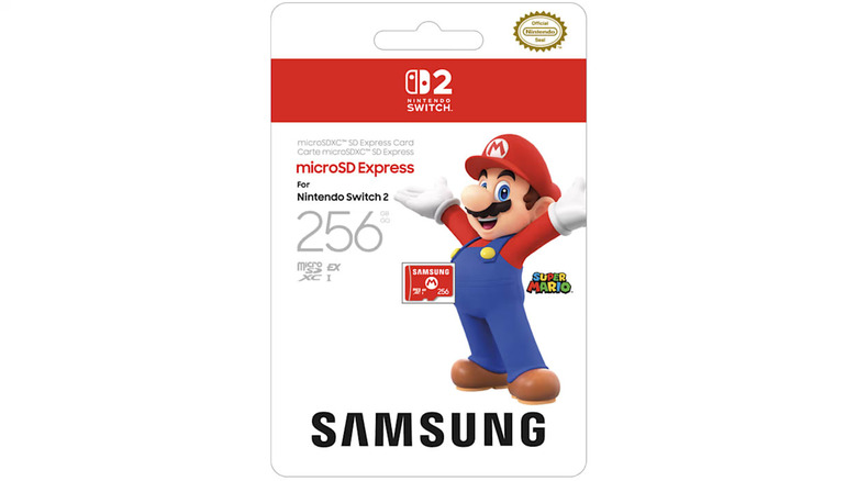 A Samsung MicroSD Express card with official Nintendo branding.