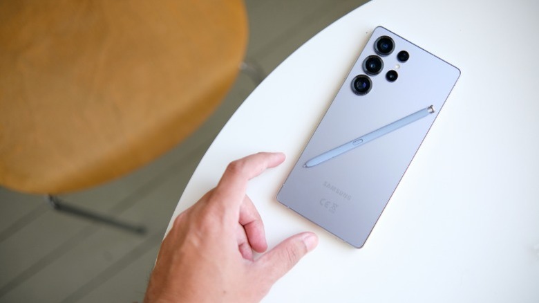 Samsung Galaxy S25 Ultra smartphone shown with its signature stylus.