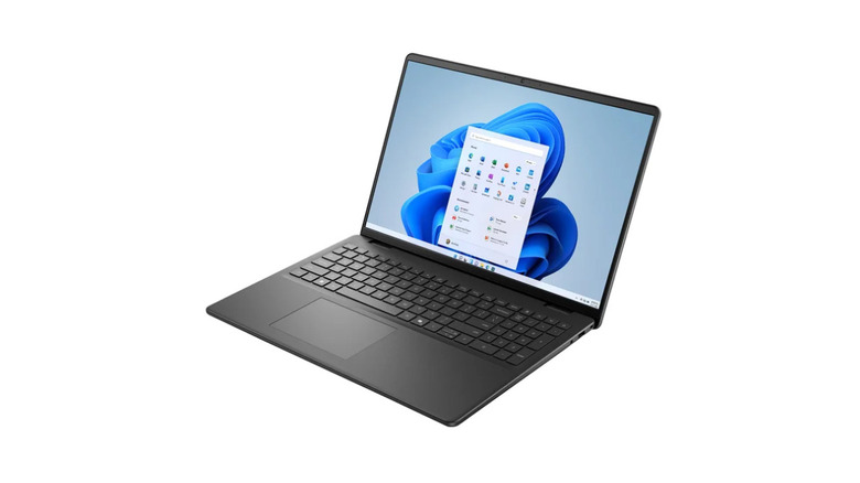 Dell 16-inch touchscreen laptop with an illuminated screen, facing forward.