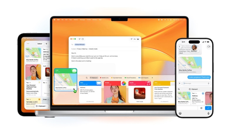 The Paste app interface shown simultaneously on a MacBook Pro, iPhone, and iPad.