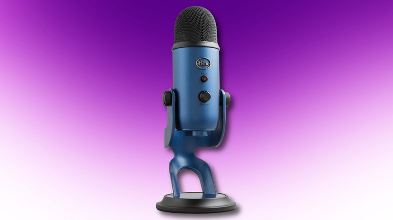 Logitech Blue Yeti USB microphone in Midnight Blue profile view.