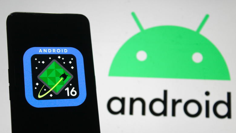 The Android 16 logo displayed on a modern 2026 smartphone screen.