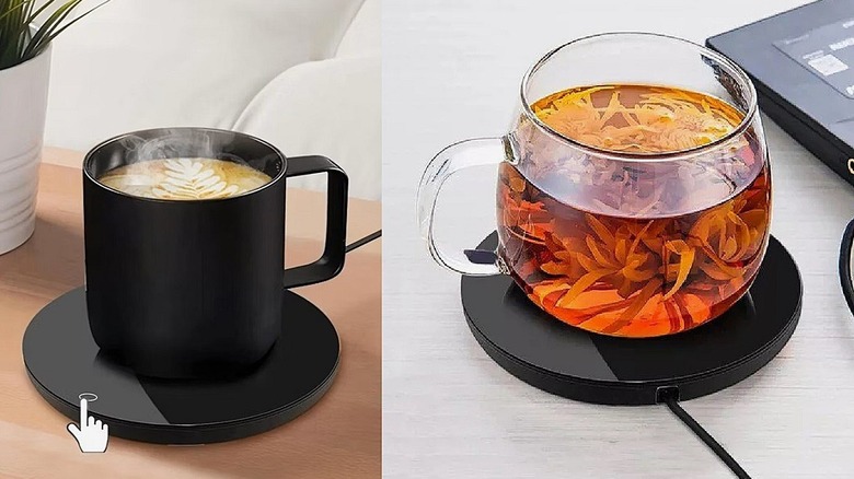 A sleek, minimalist USB-powered mug warmer keeping a cup of coffee hot on a desk.