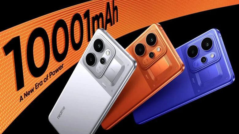 Realme P4 Power smartphone showcased in multiple vibrant color options.