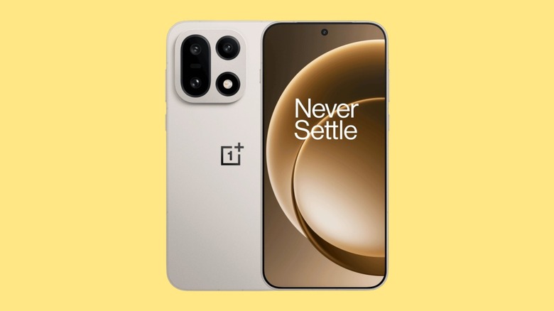 Official product render of the OnePlus 15 showing the front display and rear camera module.