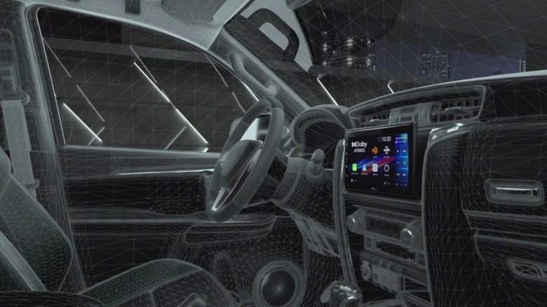 A digital visualization showing sound frequency waves adapting to a car's interior cabin layout.