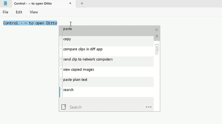 A screenshot of the Ditto clipboard manager menu appearing over a text editor.