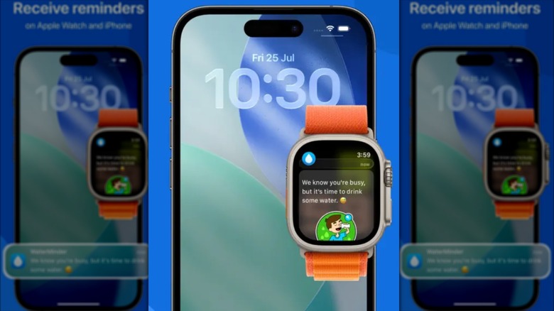 Apple Watch and iPhone together showcasing the Water Tracker by Water Minder interface.