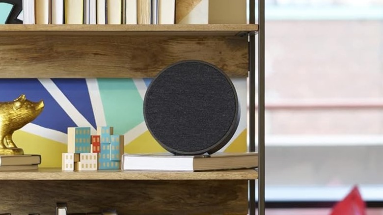 The circular Tivoli Audio Sphera speaker displayed on a bookshelf.