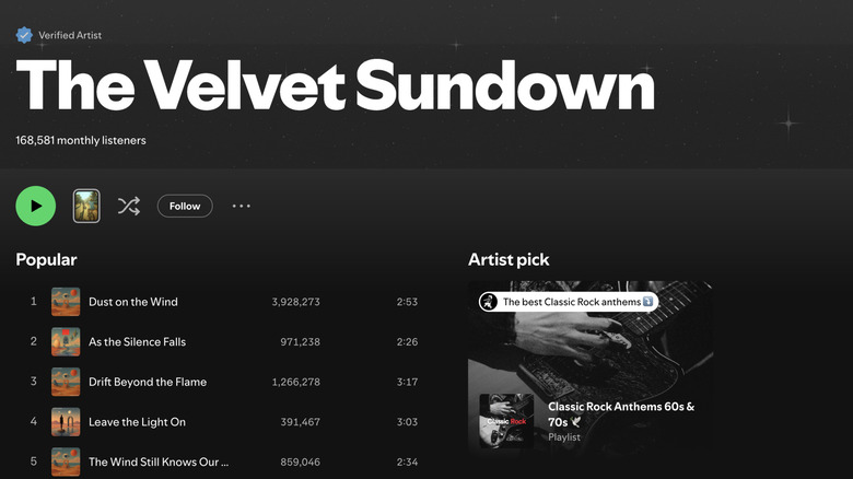 A Spotify artist profile for a fictional AI-generated band named Velvet Sundown.