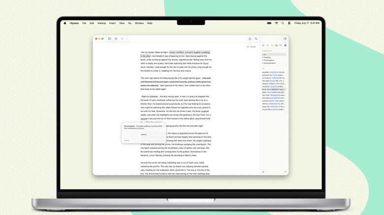 The Ulysses writing application in Revision Mode on a MacBook.