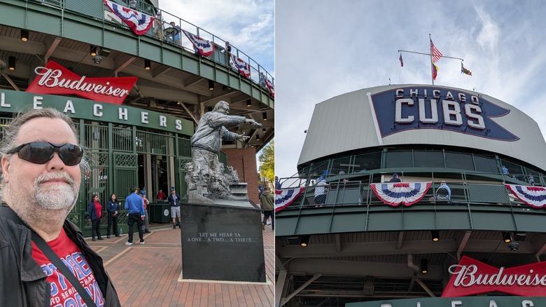 Side-by-side camera samples showing a portrait and a sign at Wrigley Field.