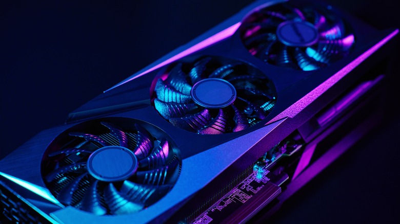 Close-up view of the dual cooling fans on an NVIDIA graphics card.