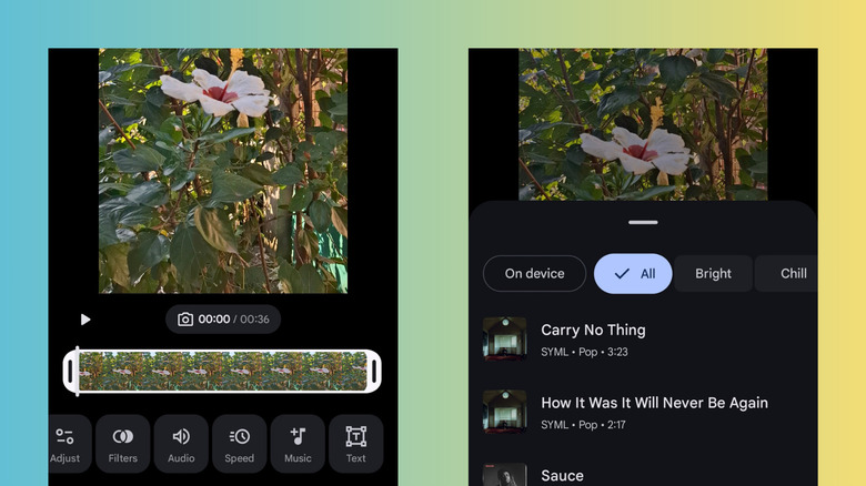 A user interface showing music selection and synchronization for a video project in Google Photos.