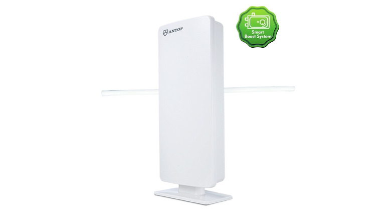The Antop AT-800SBS HD Smart Panel antenna showing its large rectangular surface and Smart Boost System branding.