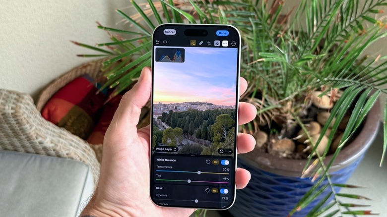 An iPhone screen showing the Photomator app being used for photo editing.