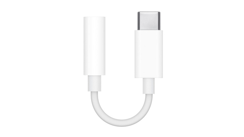 A white USB-C to 3.5mm female headphone jack adapter on a plain background.