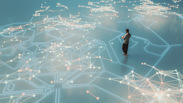 A man using a smartphone in a modern home, overlaid with a conceptual mesh network graphic.