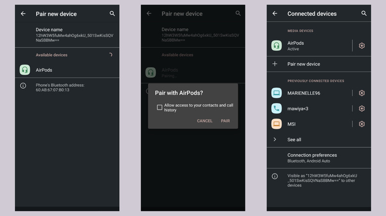 A close-up of an Android phone's Bluetooth menu searching for AirPods.