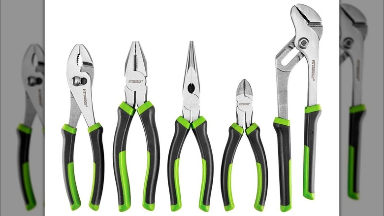 A 5-piece set of Pittsburgh pliers with ergonomic blue and black comfort grips.