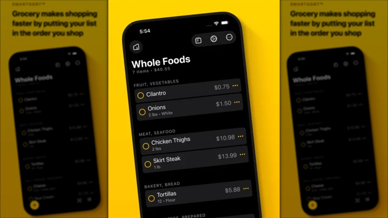 iPhone screen displaying the Grocery app with a smart shopping list of items.
