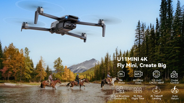 Ruko U11MINI 4K drone capturing an aerial view of people on horses crossing a stream.