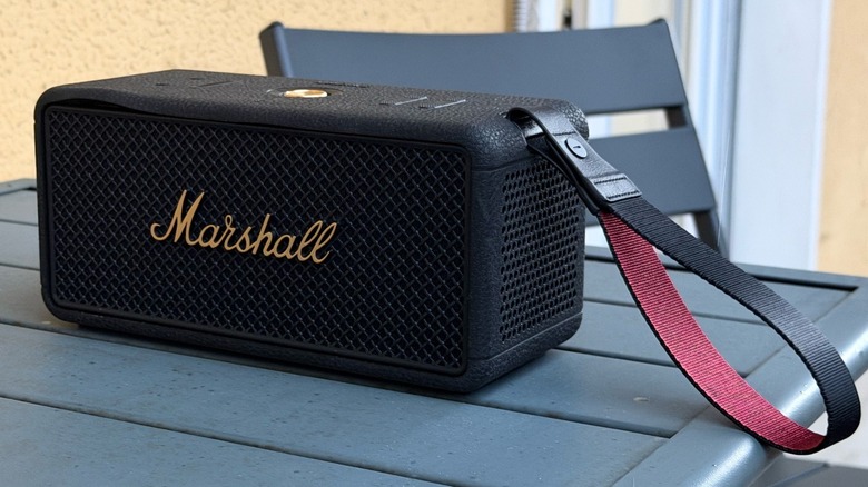 Marshall Middleton 2 speaker with its durable leather carrying strap attached.
