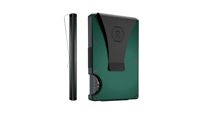 A sleek, compact metallic green wallet with a gray money clip.