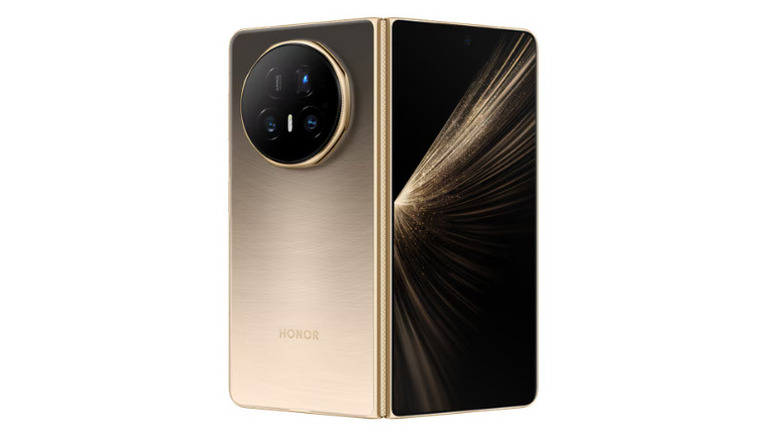 The Honor Magic V5 foldable phone shown partially folded to demonstrate its ultra-thin chassis.
